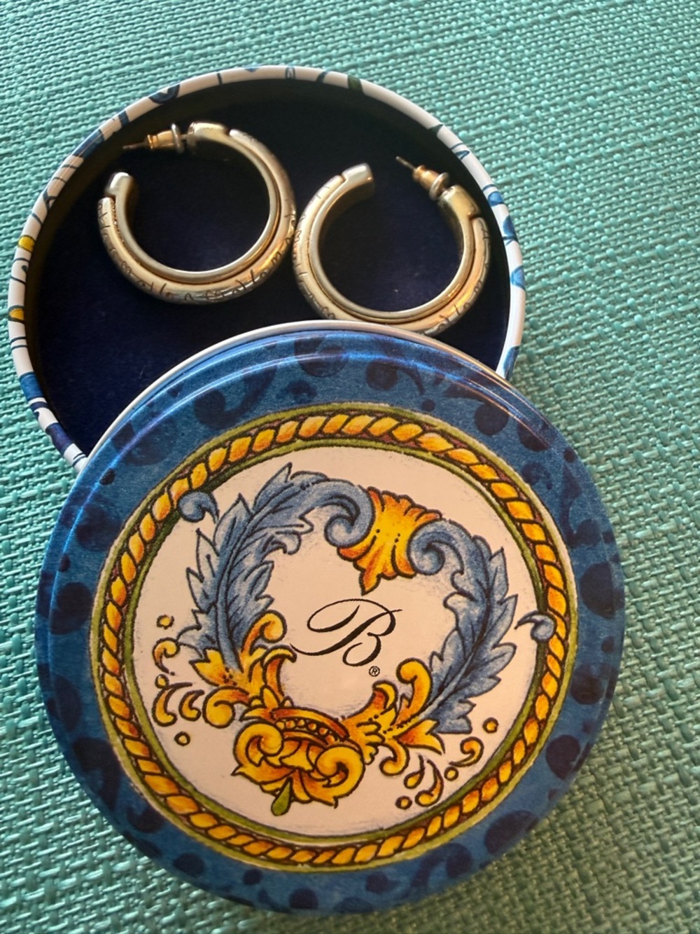 Brighton Jewelry Two-tone Hoop Earrings in Decorative Blue Tin